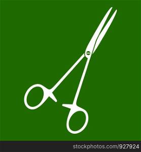 Medical clamp scissors icon white isolated on green background. Vector illustration. Medical clamp scissors icon green