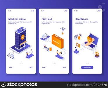 Medical clinic isometric GUI design kit. First aid and social healthcare templates for mobile app. Diagnostics and treatment UI UX onboarding screens. Vector illustration with tiny people characters.. Medical clinic isometric GUI design kit.