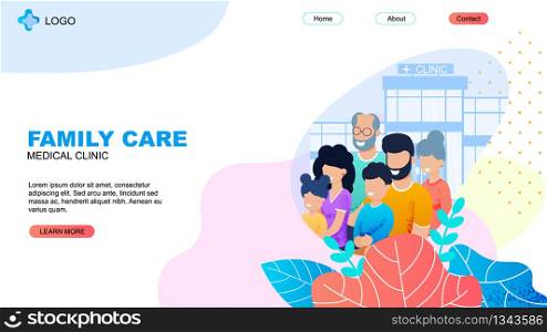 Medical Clinic Landing Page. Family Care Title. Cartoon Parents, Children, Aged Relatives ahead Modern Hospital Facade. General Practitioner Service. Online Medical Support. Vector Flat Illustration. Medical Clinic Landing Page with Family Care Title