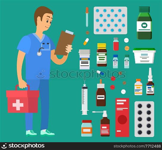 Medical clinic worker holding document and first aid kit. Emergency doctor examines patient card. Paramedic prepares to go on emergency call. Man in blue uniform near set of medical supplies. Emergency doctor near set of medical supplies. Medical worker holding patient card and first aid kit