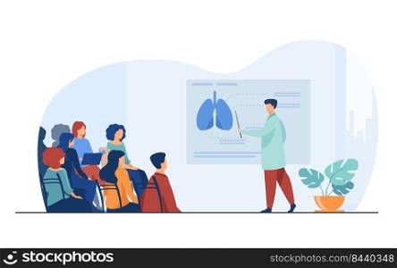 Medical college professor teaching students. Doctor presenting human lungs infographics to audience at conference. Vector illustration for seminar, lecture, healthcare meeting concept