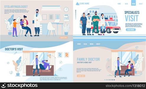 Medical Company Service Landing Page Trendy Flat Set. Otolaryngologist Examination, Medic Specialists, Family Doctor and Pediatrician Home Visit Call Online. Vector Cartoon Illustration. Medical Company Service Landing Page Flat Set