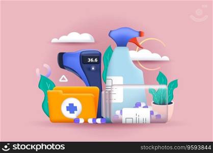 Medical concept 3D illustration. Icon composition with medical tools, thermometer, antiseptic spray, pills and medicines, treatment and diagnostics in clinic. Vector illustration for modern web design
