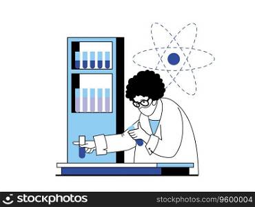 Medical concept with character situation. Doctor researcher makes chemical tests in laboratory, studies diseases and develops drugs in lab. Vector illustration with people scene in flat design for web