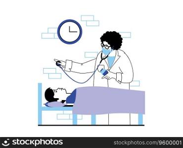 Medical concept with character situation. Doctor with stethoscope visits patient in ward, examines and prescribes treatment and therapy. Vector illustration with people scene in flat design for web