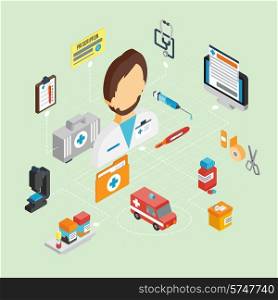 Medical concept with isometric icons set and doctor avatar 3d vector illustration