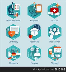 Medical Concepts Set. Medical concepts set with research diagnosis first aid icons isolated vector illustration