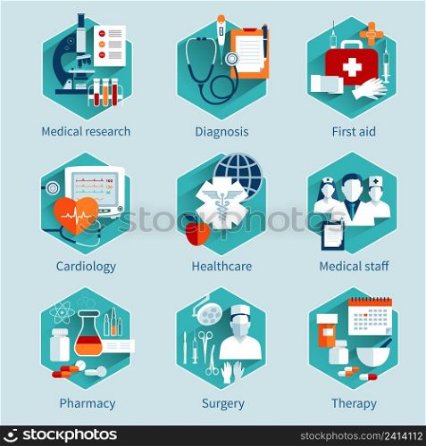 Medical concepts set with research diagnosis first aid icons isolated vector illustration. Medical Concepts Set