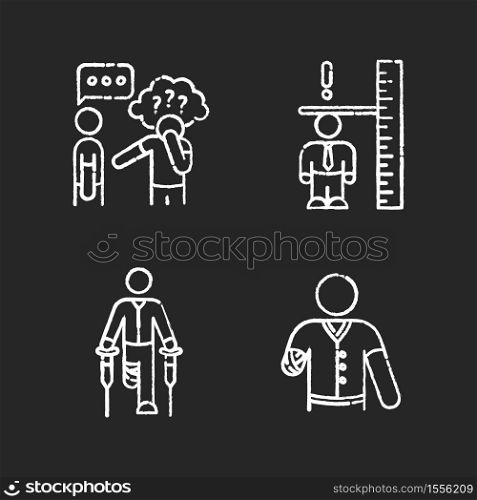 Medical condition chalk white icons set on black background. Asperger syndrome. Difficulty with social interaction. Adult with dwarfism. Health care problem. Isolated vector chalkboard illustrations. Medical condition chalk white icons set on black background