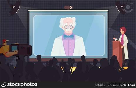 Medical conference colored composition online conference with two speakers and big conference hall vector illustration