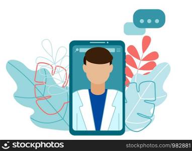 Medical consultation and support concept on mobile phone. Online doctor, health service in flat style. Medical service on screen smartphone. Vector illustration. Medical consultation and support concept on mobile phone.