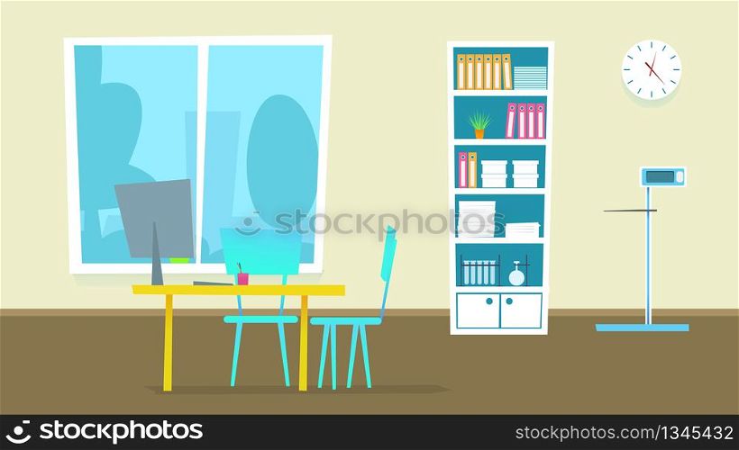 Medical Consultation Cabinet. Vector Illustration of Doctor Office Room in Hospital. Flat Design Interior Panorama with Furniture: Desk, Chairs, Monitor, Window. People Examination Diagnosis.. Medical Consultation Cabinet. Vector Illustration.