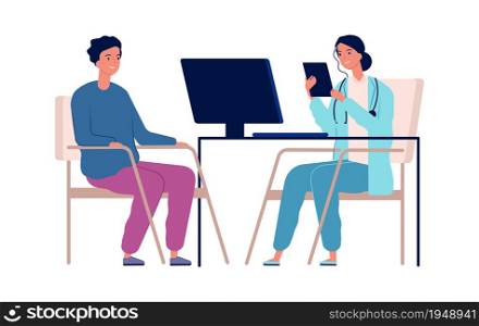 Medical consultation. Doctor and patient, man on appointment in hospital. Isolated virus protection, treatment or disease diagnostic vector illustration. Medical patient consultation doctor. Medical consultation. Doctor and patient, man on appointment in hospital. Isolated virus protection, treatment or disease diagnostic vector illustration