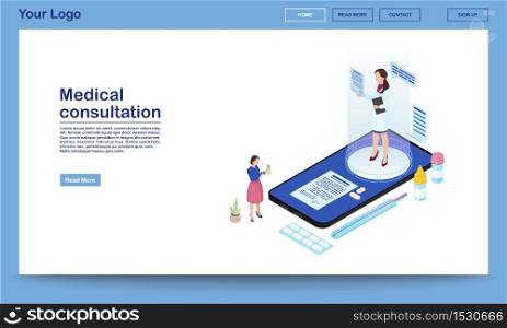 Medical consultation online isometric promo webpage template. Ehealth mobile app advertising landing page with text space. Patient calling telemedicine expert online, receiving prescription . Medical consultation online isometric promo webpage template. Ehealth mobile app advertising landing page with text space. Patient calling telemedicine expert online, receiving prescription