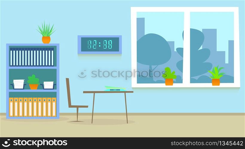 Medical Consultation Room in Hospital. Cartoon Vector Illustration. Professional Medicicne Family Doctor Workplace with Weighing Equipment. Flat Interior with Table, Window and Cityscape.. Medical Consultation Hospital Room. Cartoon Vector