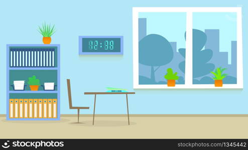 Medical Consultation Room in Hospital. Cartoon Vector Illustration. Professional Medicicne Family Doctor Workplace with Weighing Equipment. Flat Interior with Table, Window and Cityscape.. Medical Consultation Hospital Room. Cartoon Vector