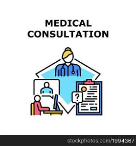 Medical Consultation Vector Icon Concept. Remote Online And Medical Consultation In Hospital Cabinet. Patient Video Call To Doctor For Examining Health And Prescription For Buy Pill Color Illustration. Medical Consultation Concept Color Illustration