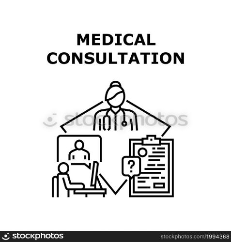 Medical Consultation Vector Icon Concept. Remote Online And Medical Consultation In Hospital Cabinet. Patient Video Call To Doctor For Examining Health And Prescription For Buy Pill Black Illustration. Medical Consultation Concept Black Illustration