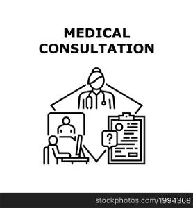Medical Consultation Vector Icon Concept. Remote Online And Medical Consultation In Hospital Cabinet. Patient Video Call To Doctor For Examining Health And Prescription For Buy Pill Black Illustration. Medical Consultation Concept Black Illustration