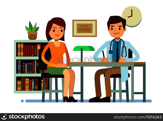 Medical consultation with doctor and young woman patient vector medicine flat concept. Patient woman and young doctor character illustration. Medical consultation with doctor and young woman patient vector medicine flat concept