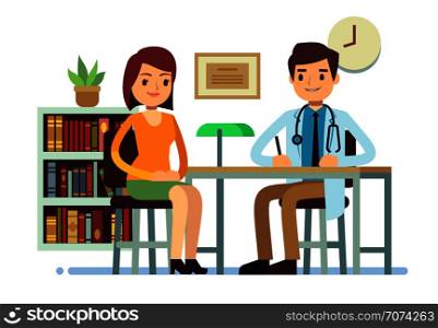 Medical consultation with doctor and young woman patient vector medicine flat concept. Patient woman and young doctor character illustration. Medical consultation with doctor and young woman patient vector medicine flat concept