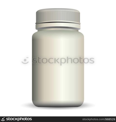 Medical container for drugs on white background. Realistic EPS10 3d vector illustration. Plastic Packaging Bottle with Cap for Cosmetics, Vitamins, Pills or Capsules.. Medical container for drugs on white background.