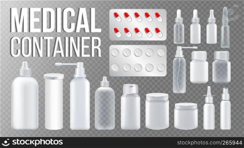 Medical Container Vector. Spray, Pills, Drugs, Bottle With Cap. Pharmaceutical Medicament Packaging. Pharma Branding Design. Clean Empty Product Mockup. Isolated Realistic Illustration. Medical Container Vector. Spray, Pills, Drugs, Bottle With Cap. Pharmaceutical Medicament Packaging. Pharma Branding Design. Clean Empty Product Mockup Template. Isolated Realistic Illustration
