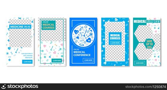 Medical Courses Conference Services Medicine Online Banner Set with Transparent Background. Education Internet Consultation Professional Health Insurance Advertisement Social Media Cover. Medical Social Media Services Medicine Banner