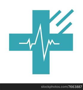 Medical cross decorated by cardiogram, clinic logotype in blue color. Ambulance geometric sign, hospital or ambulance logo, donor mark, healthcare vector. Donor Mark, Medical Cross Web Icon, Clinic Vector
