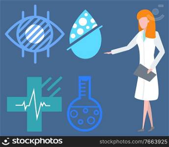 Medical cross with cardiogram, eye and drop, flask logo on blue. Doctor or nurse character in uniform, laboratory of hospital label, professional vector. Hospital Logo, Doctor haracter, CT or MRI Vector