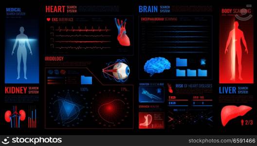 Medical dark interface elements with brain kidney and heart search system symbols flat isolated vector illustration. Medical Dark Interface Elements