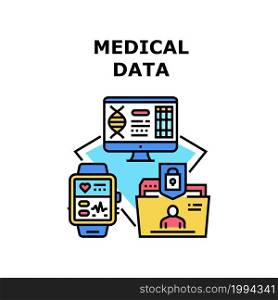 Medical Data Vector Icon Concept. Medical Data Base And Patient Disease Archive Document, Laboratory Digital Research On Computer Screen And Fitness Bracelet With Health Information Color Illustration. Medical Data Vector Concept Color Illustration