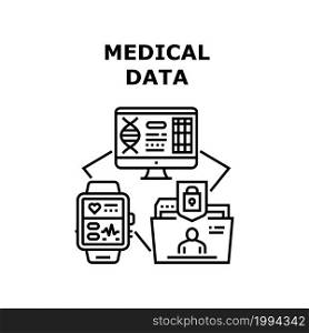 Medical Data Vector Icon Concept. Medical Data Base And Patient Disease Archive Document, Laboratory Digital Research On Computer Screen And Fitness Bracelet With Health Information Black Illustration. Medical Data Vector Concept Black Illustration