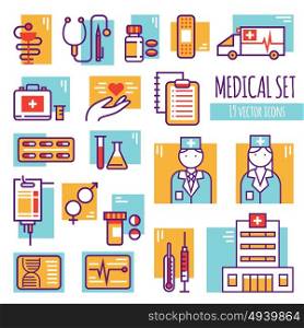 Medical Decorative Line Icons Set. Medical decorative line icons set with hospital building emergency car pills insurance lab tools flat vector illustration