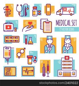 Medical decorative line icons set with hospital building emergency car pills insurance lab tools flat vector illustration . Medical Decorative Line Icons Set