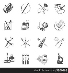 Medical dental instruments and accessories black icons set with surgery scalpel and forceps abstract isolated vector illustration. Medical healthcare icons set black