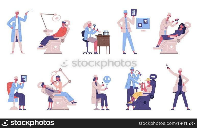 Medical dental teeth checkup doctor and patient characters. Dentist checking teeth, medical dentists examines patient vector illustration set. Oral hygiene and dental care. Specialist with equipment. Medical dental teeth checkup doctor and patient characters. Dentist checking teeth, medical dentists examines patient vector illustration set. Oral hygiene and dental care
