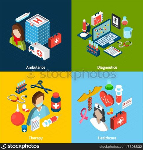 Medical design concept set with ambulance diagnostics therapy healthcare isometric icons isolated vector illustration. Medical Isometric Set