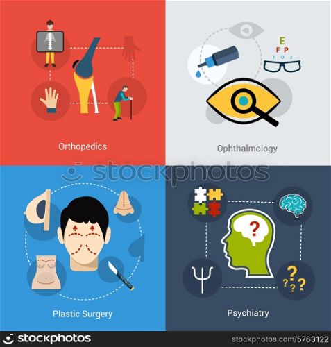 Medical design concept set with orthopedics ophthalmology plastic surgery psychiatry flat icons set isolated vector illustration