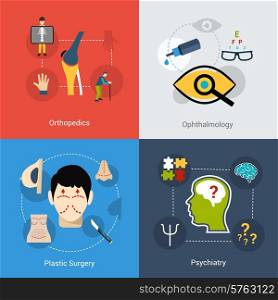 Medical design concept set with orthopedics ophthalmology plastic surgery psychiatry flat icons set isolated vector illustration