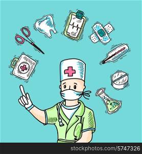 Medical design concept with doctor avatar and healthcare symbols sketch vector illustration
