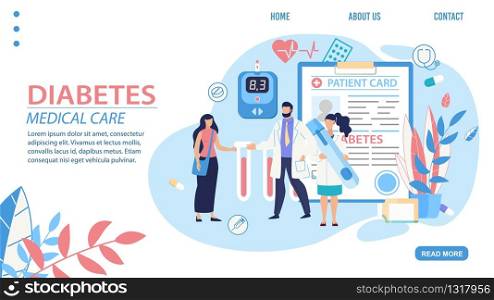 Medical Diabetes Diagnosis and Treatment Trendy Flat Landing Page. Cartoon Doctor, Nurse and Patient Standing over Examination Card, Blood Glucose Meter and Insulin Vial. Vector Illustration. Medical Diabetes Diagnosis Treatment Landing Page