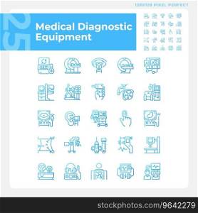 Medical diagnostic equipment pixel perfect gradient linear vector icons set. Advanced technology. Clinical testing. Thin line contour symbol designs bundle. Isolated outline illustrations collection. Medical diagnostic equipment pixel perfect gradient linear vector icons set