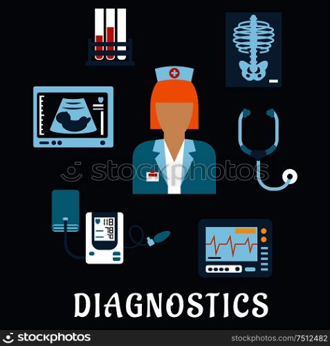 Medical diagnostic procedures flat icons with doctor, surrounded by stethoscope, chest x-ray, blood test tubes, ecg and ultrasound monitors, blood pressure cuff. Medical diagnostic procedures flat icons