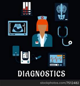 Medical diagnostic procedures flat icons with doctor, surrounded by stethoscope, chest x-ray, blood test tubes, ecg and ultrasound monitors, blood pressure cuff. Medical diagnostic procedures flat icons