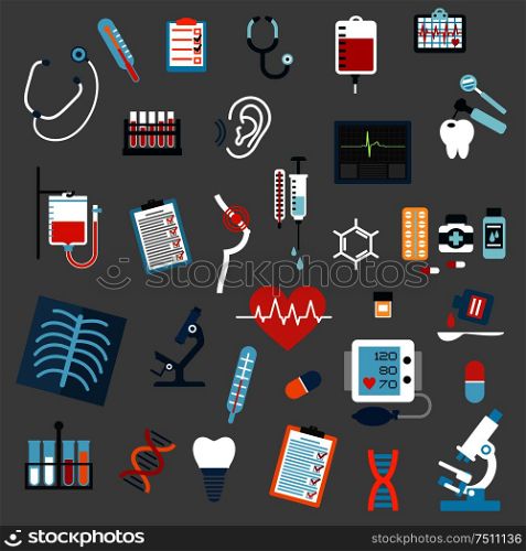 Medical diagnostics and equipment flat icons with stethoscopes, microscopes, thermometers, pills, syringe, blood test and bags, x-ray, ecg, blood pressure, hearing and breast testing, dna and tooth . Medical diagnostics, testing and equipment