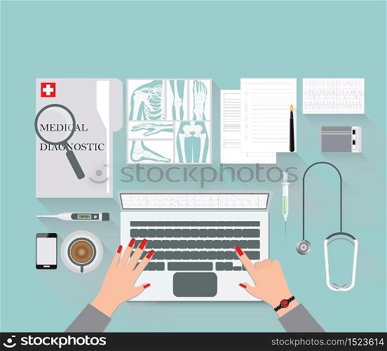 Medical diagnostics conceptual on work table with doctor diagnostic and equipment for research of a laptop, Medical technology, analysis and research, Web banner, flat design Vector illustration.
