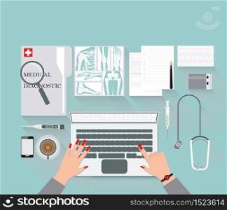 Medical diagnostics conceptual on work table with doctor diagnostic and equipment for research of a laptop, Medical technology, analysis and research, Web banner, flat design Vector illustration.