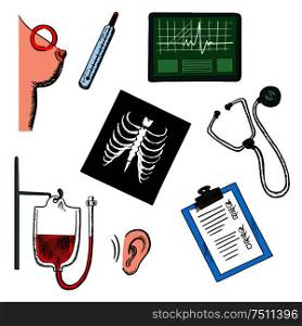 Medical diagnostics icons with chest x-ray, thermometer, blood test, stethoscope, hearing test, ecg, breast cancer test and clipboard with monitoring results for healthcare concept design. Diagnostics and medical test icons