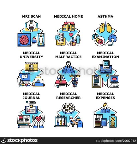 Medical diesase treatment. Astma, mri scan. university doctor. expenses health cost. malpractice negligence. researcher laboratory science. examination medical vector concept color illustration. Medical diesase treatment icon vector illustration
